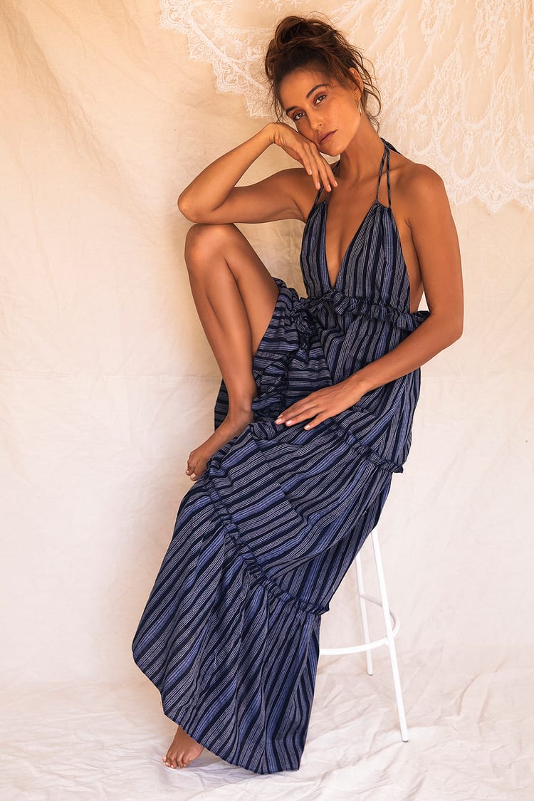 Cy Fashion Women's Navy Striped Chest Cut Out Ribbed Maxi Dress - Size S