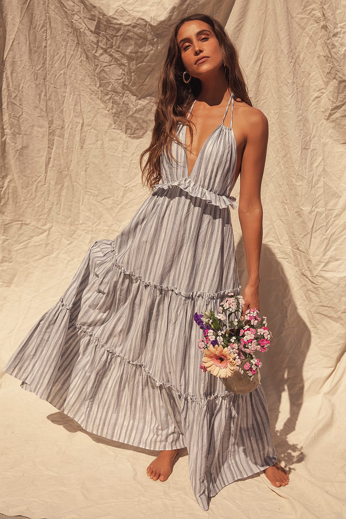 Bohemian white and blue maxi dress