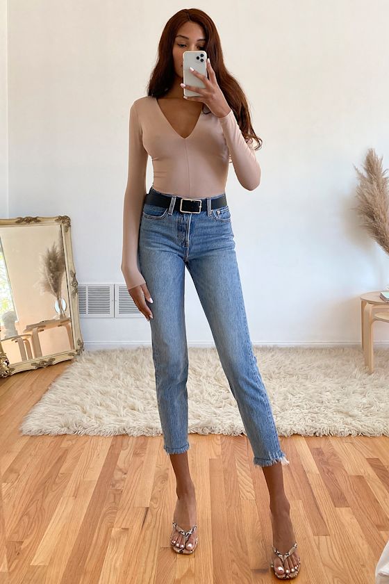 Totally Obsessed Taupe Long Sleeve V-Neck Bodysuit 2