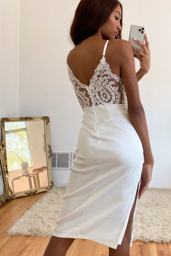 Stunning Sight White Embroidered Lace Satin Midi Dress