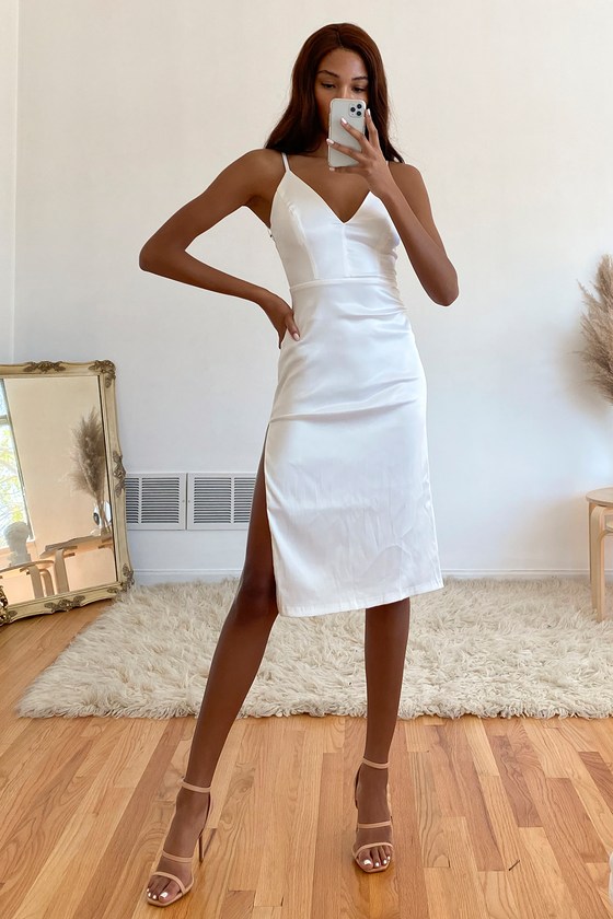 white midi satin dress