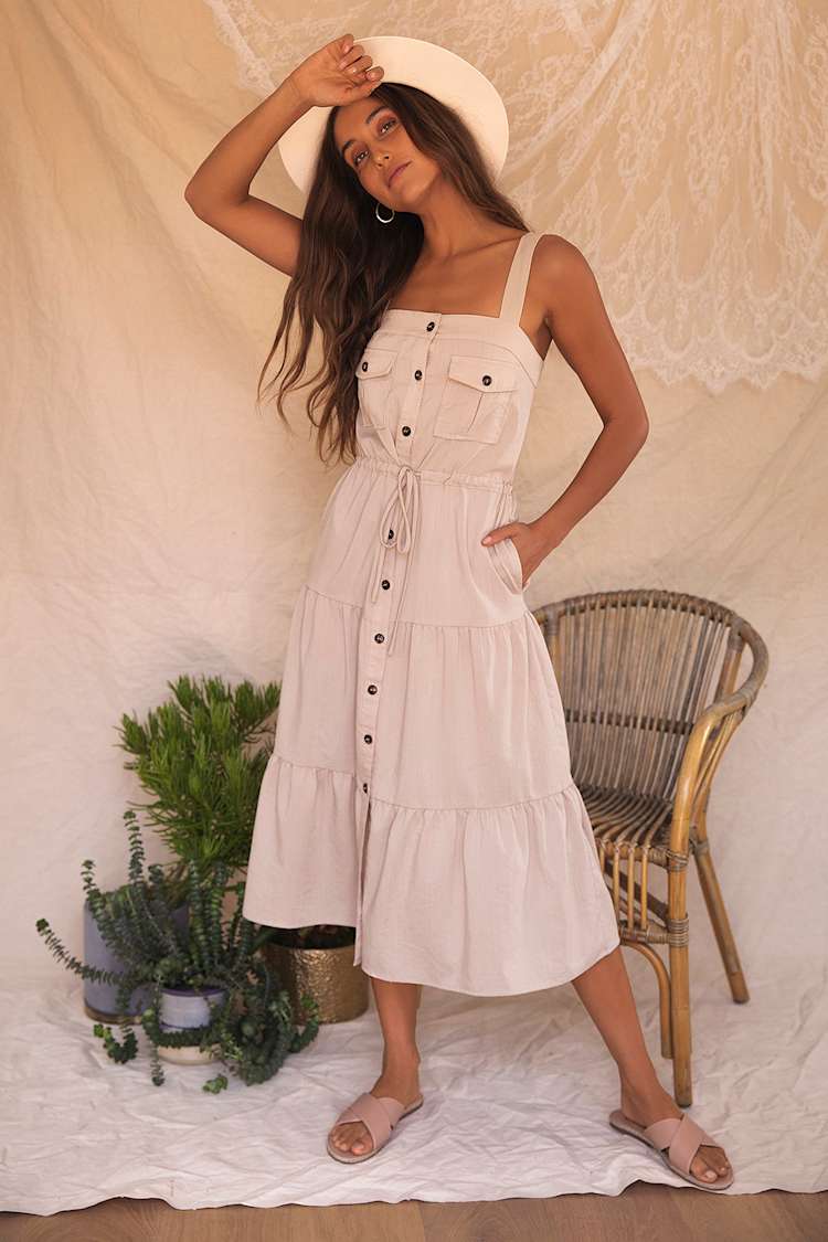 knee length dresses for ladies Z Supply Beige Charlotte Rib Midi Dress
