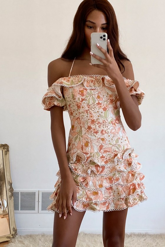 peach bardot dress