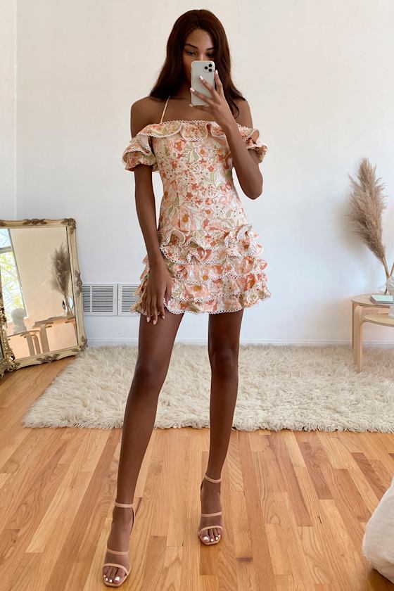 ruffle bardot mini dress