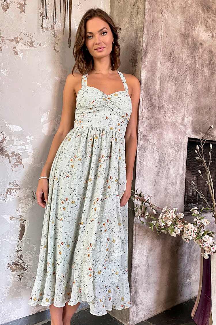 knee length dresses for ladies Sage Floral Midi Dress Medium