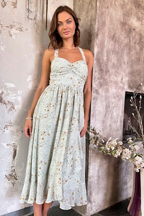 Sage Floral Print Midi - Sweetheart Neck Ruffled Midi Dress - Lulus