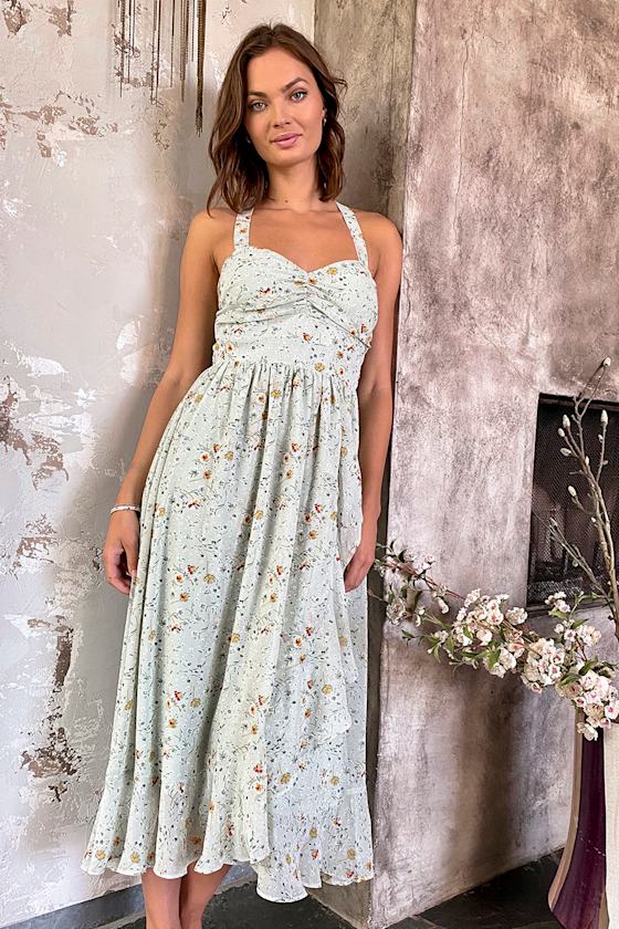 Afternoon Romance Sage Floral Print Ruffled Midi Dress 1