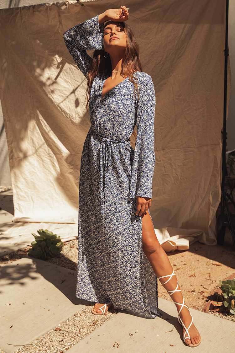Blue Maxi Dress - Print Maxi Dress - Long Sleeve Maxi Dress - Lulus