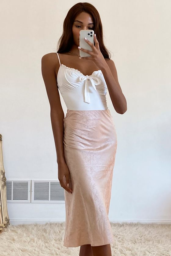 Flirty Forever Blush Pink Satin Midi Slip Skirt 7