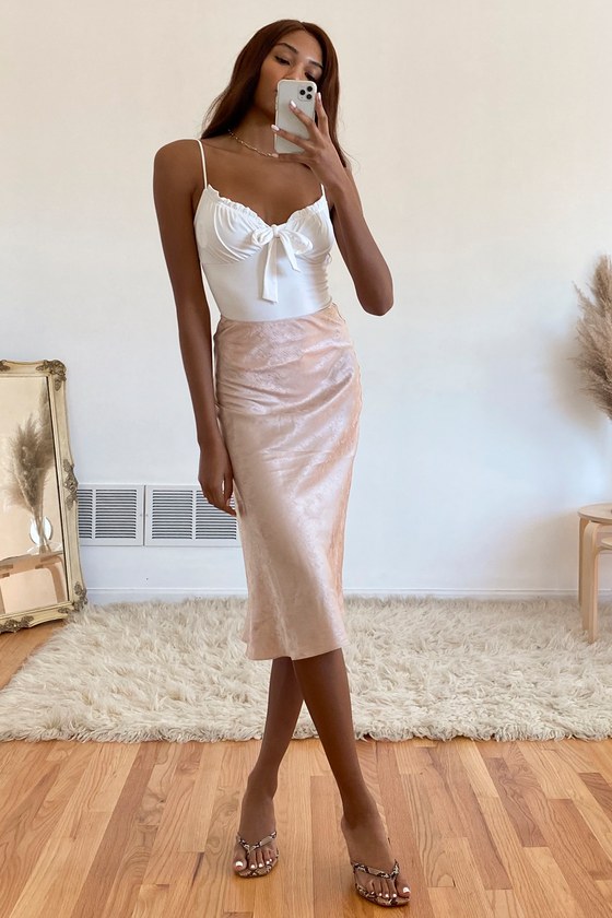 Ad Flirty Forever Blush Pink Satin Midi Slip Skirt  Lulus  The  compliments will come pouring in when   Vegan leather pencil skirt Blush  skirt Pink midi skirt