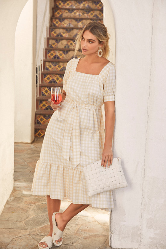 Peach Gingham Dress Trendy Puff Sleeve Dress Chic Midi Dress Lulus