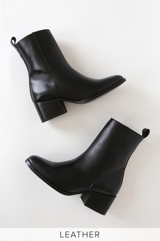 mid calf black leather boots with heel