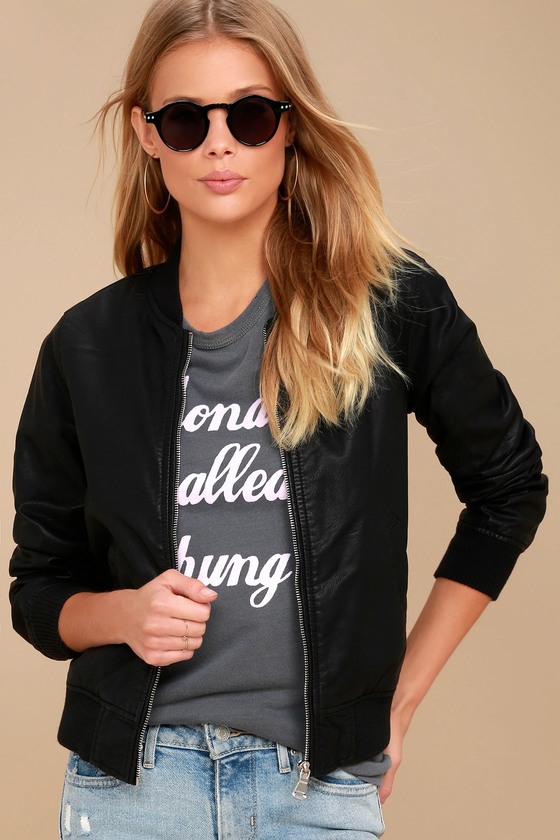 Cool Black Bomber Jacket - Vegan Leather Bomber Jacket - Lulus