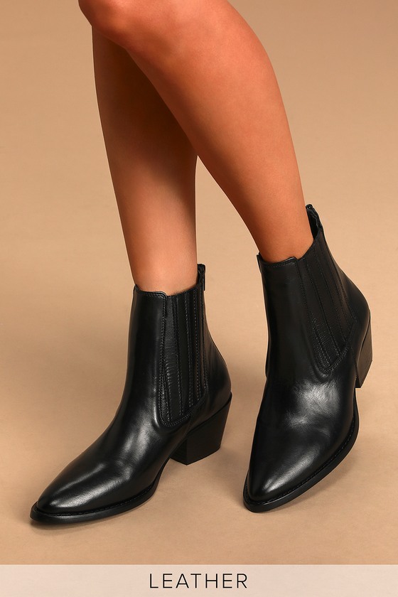 black leather pointed toe flat boots