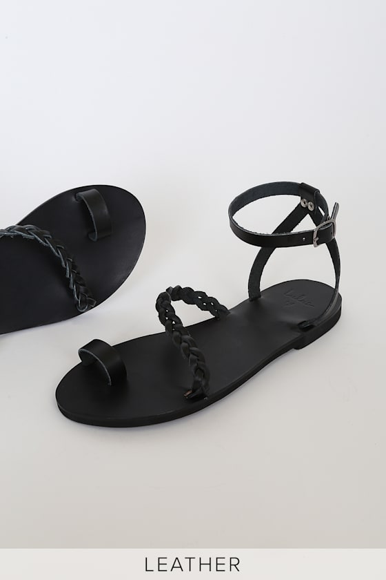 Chios Black Leather Flat Ankle Strap Sandals 4