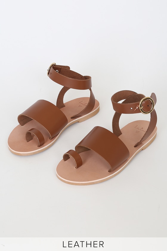 Lulus Cognac Leather Flat Sandals - Leather Ankle Strap Sandals