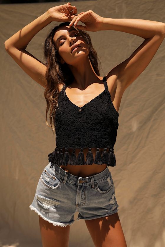 Take Your Time Black Crochet Lace Tasseled Crop Top 6