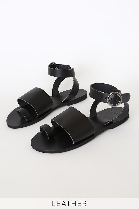 Lulus Black Leather Flat Sandals Leather Ankle Strap Sandals