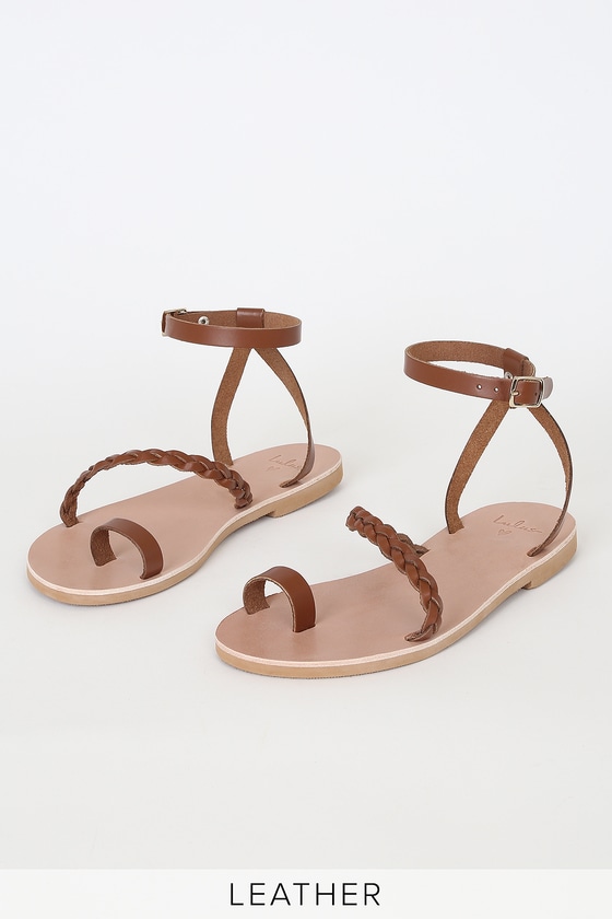Chios Cognac Leather Flat Ankle Strap Sandals