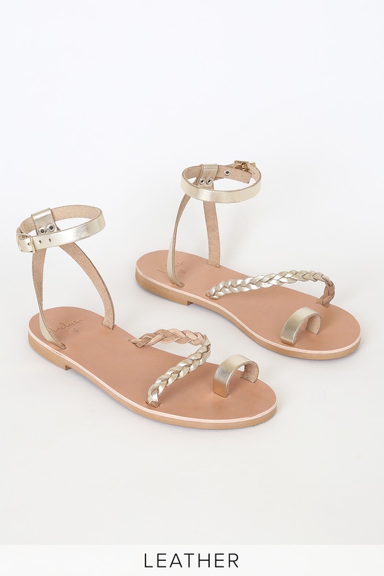 Gold Leather Sandals - Flat Ankle Strap Sandals - Toe-Loop Sandal - Lulus
