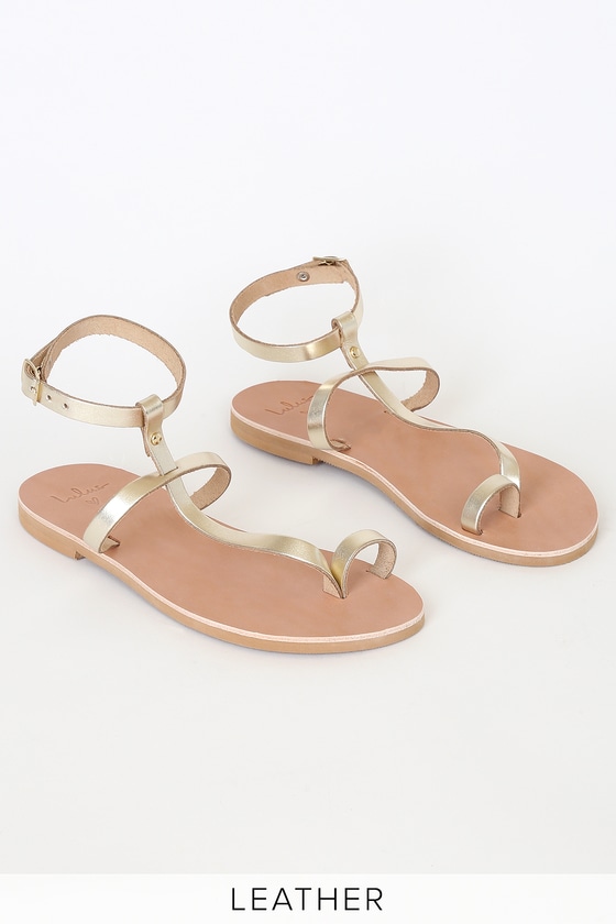 Lulus Gold T-Strap Sandals - Leather Flat Ankle Strap Sandals