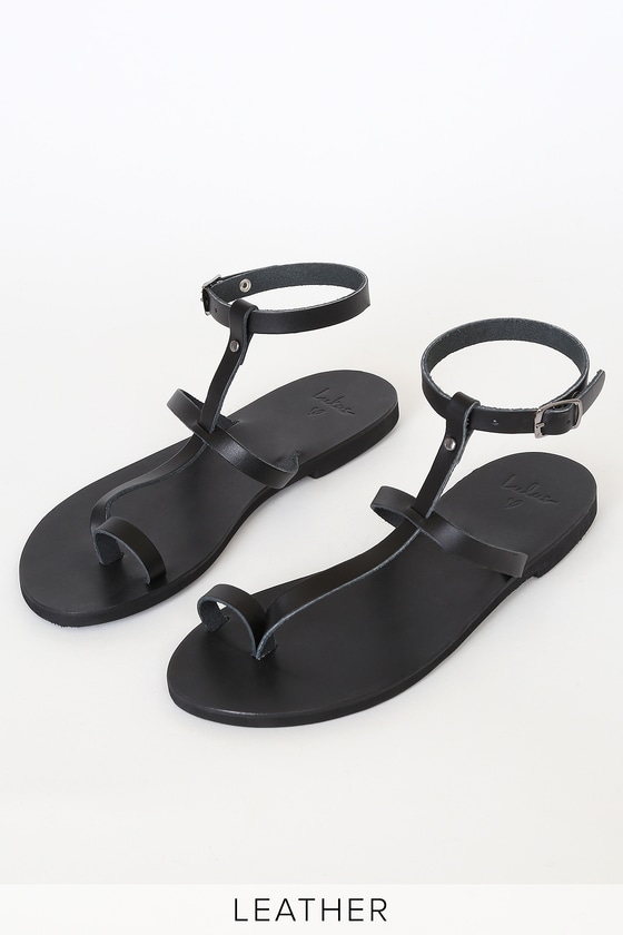 Lulus Black T-Strap Sandals - Leather Flat Ankle Strap Sandals
