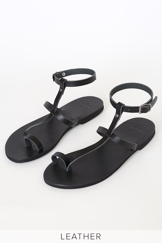 Lulus Black TStrap Sandals Leather Flat Ankle Strap Sandals