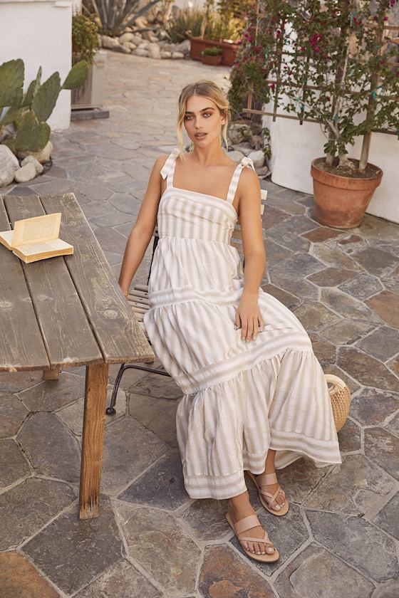 Golden Days Beige Striped Tie-Strap Maxi Dress 2