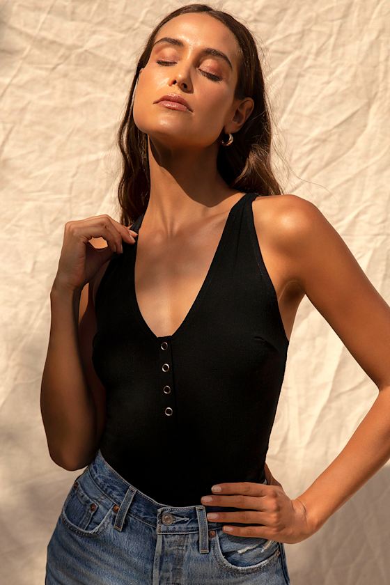 Free People Larissa Bodysuit Black Snap Button Tank Bodysuit Lulus