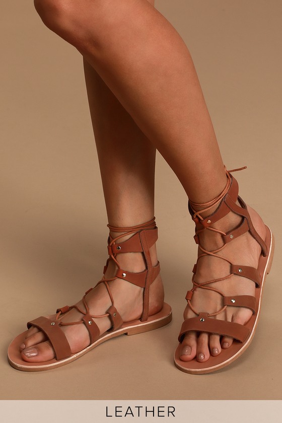 cognac lace up sandals