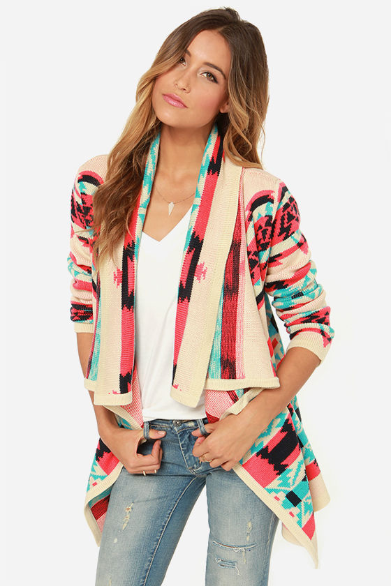 Cozy Aqua Blue Cardigan Sweater - Southwest Print Sweater - Lulus