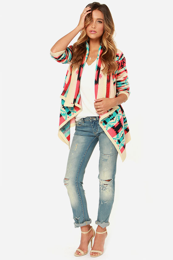 Southwest-ing Game Aqua Blue Print Cardigan Sweater 1