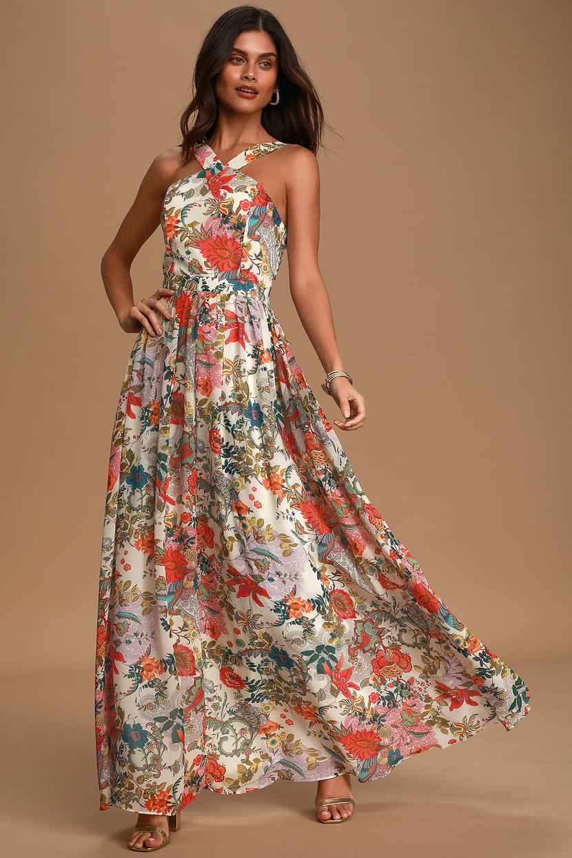 Lovely Cream - Floral Print Dress Maxi Dress -