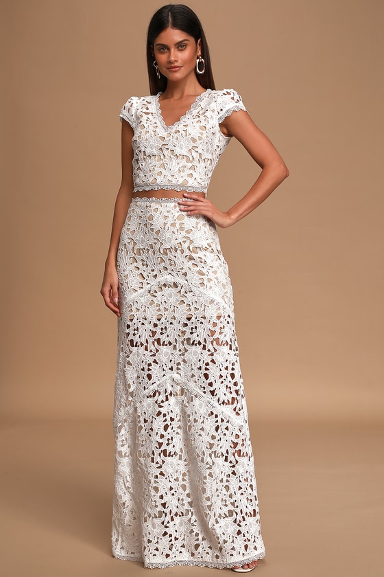 white lace two piece maxi dress
