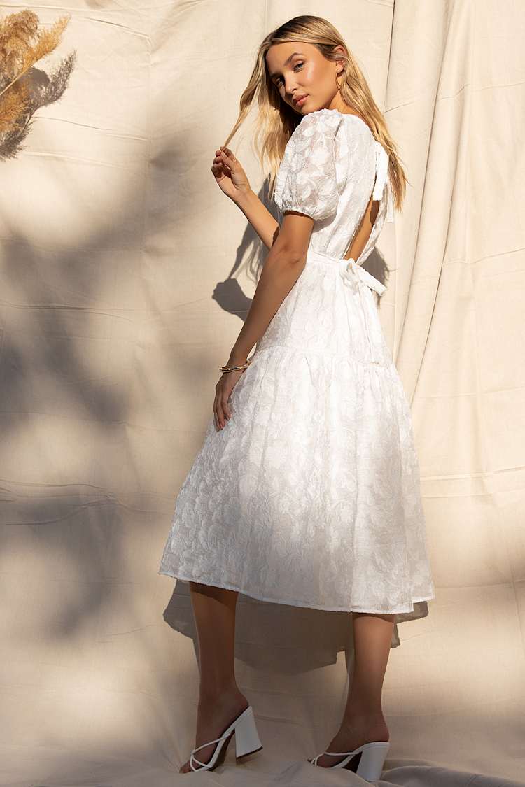 Choose Bliss White Puff Sleeve Tiered Midi Dress