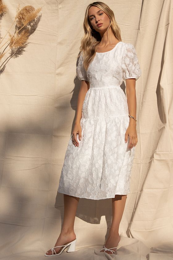 Choose Bliss White Puff Sleeve Tiered Midi Dress 1