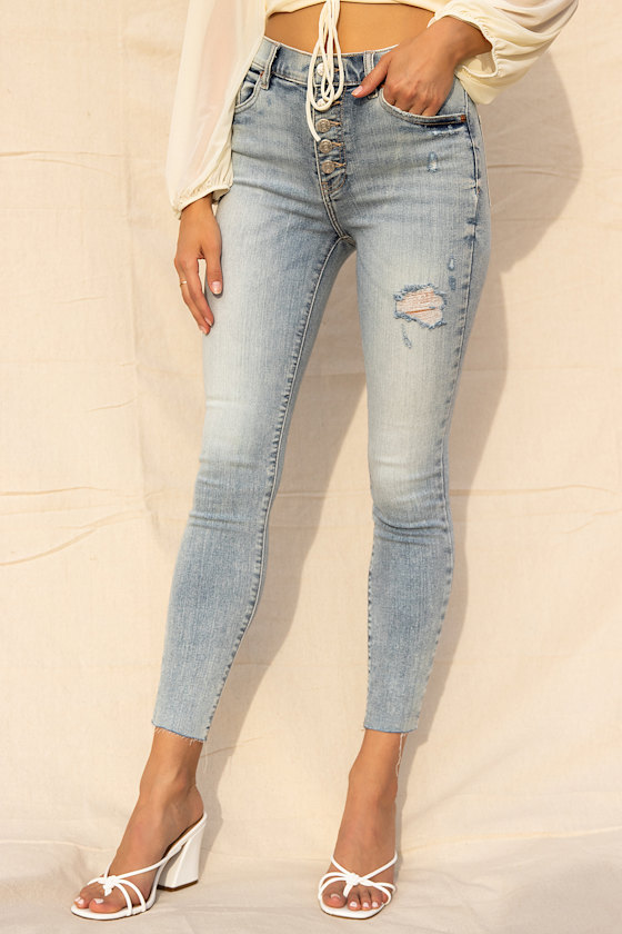 Call You Back Light Blue Distressed High-Rise Skinny Jeans 5