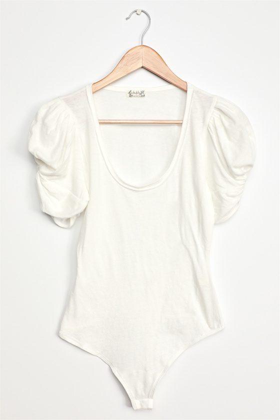 Free People Ava White Bodysuit Short Puff Sleeve Bodysuit Lulus