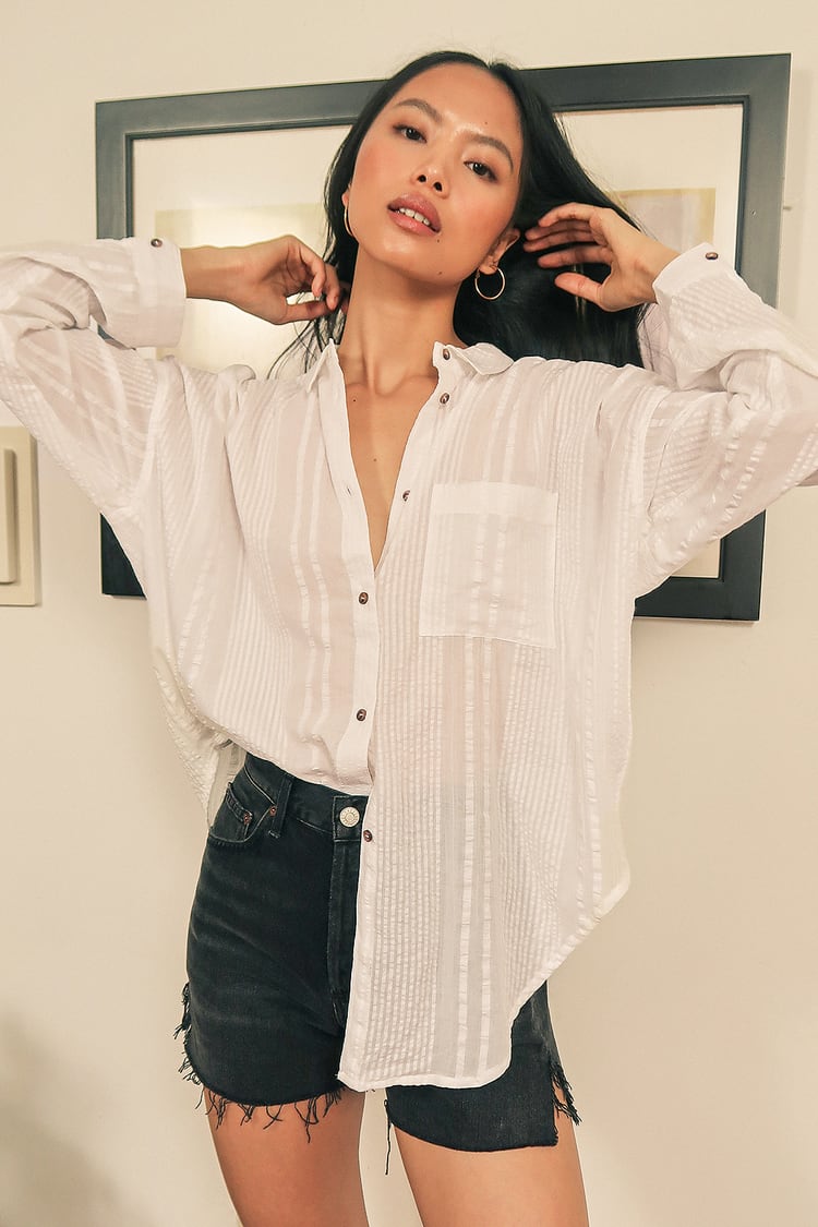 Habit White Striped Long Sleeve Button-Up Top