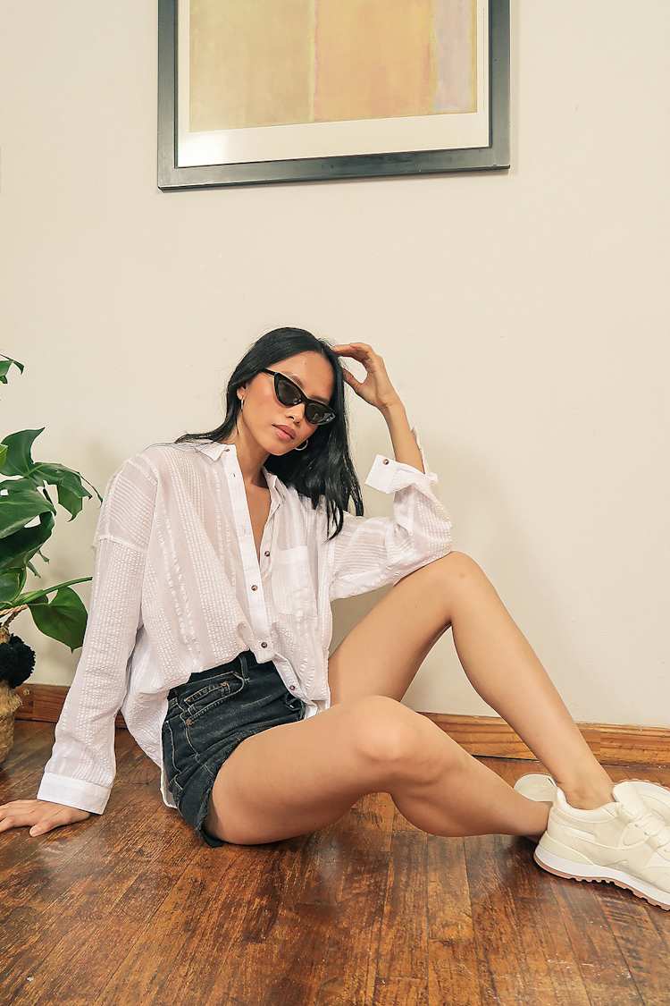 Habit White Striped Long Sleeve Button-Up Top