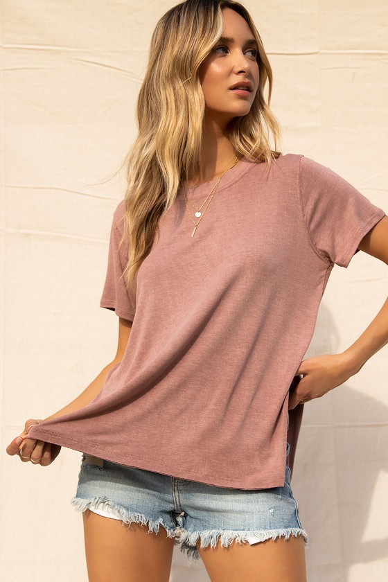 Cool Washed Mauve Cupro Tee - Side Slit Tee - Raw Edge T