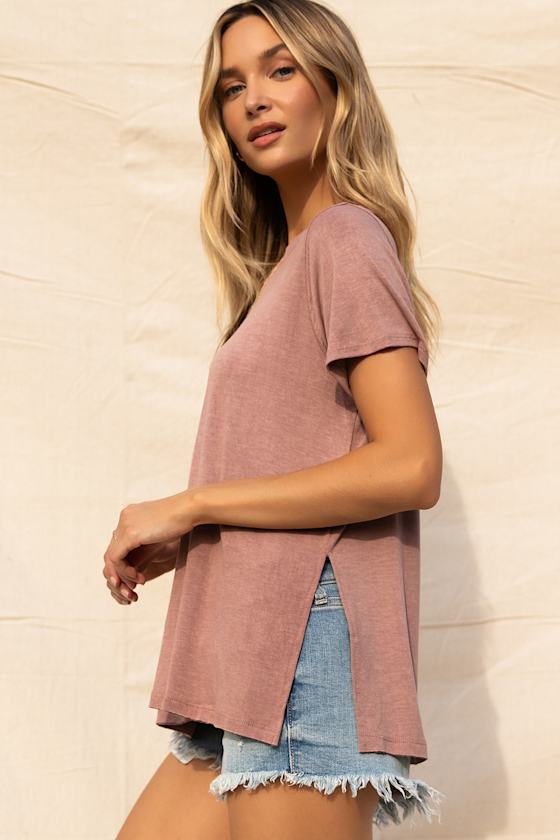 【COLOR iN ID】Emily Slit Tee Cool Washed Mauve Cupro Tee - Side Slit Tee - Raw Edge T