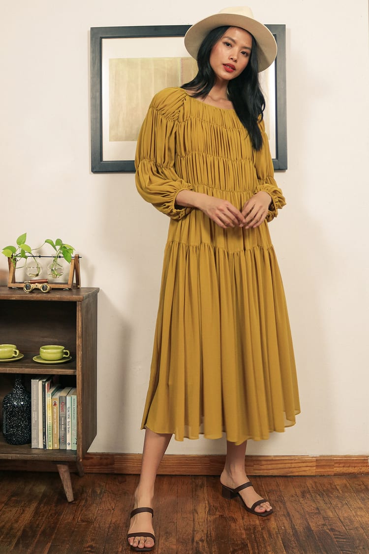 Hub Tomat opkald CAARA Terni - Yellow Midi Dress - Tiered Dress - Pleated Dress - Lulus