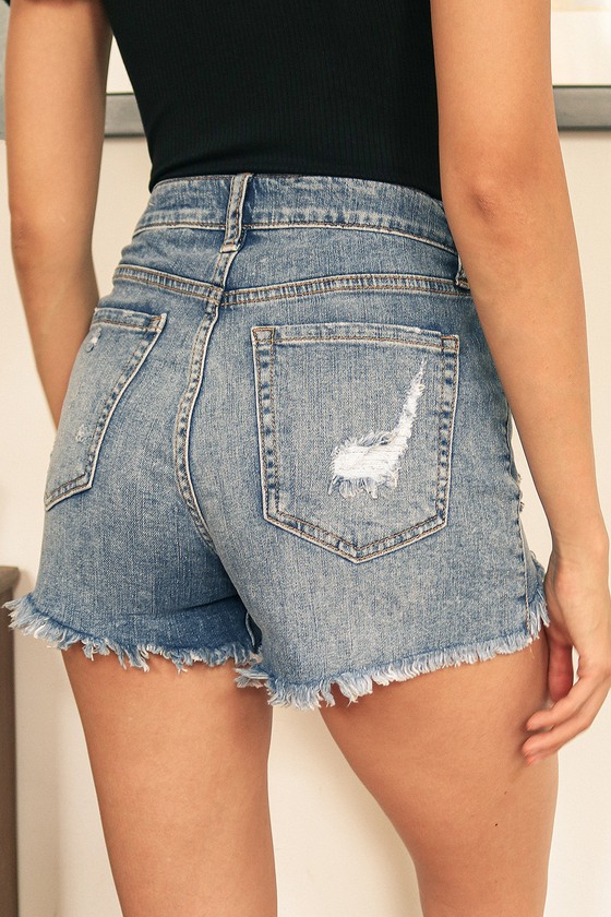 Cute Medium Wash Shorts - High Rise Distressed Shorts - Cutoffs - Lulus