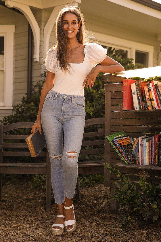 high rise distressed jeans