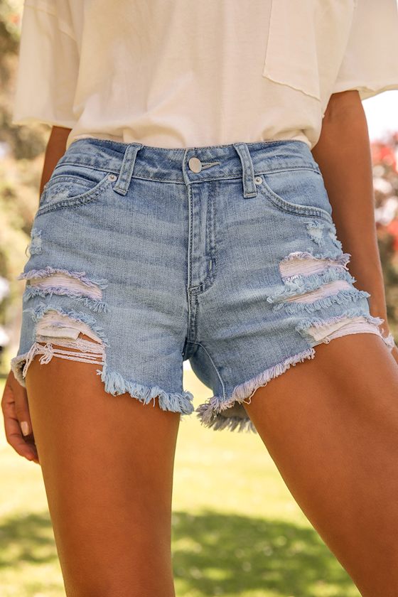Kasenya Light Wash Mid-Rise Super Destroyed Shorts