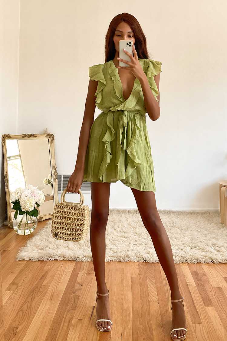green emerald velvet dress Green Floral Bias V-Neck Midi Dress - Effortless Elegance main image 1