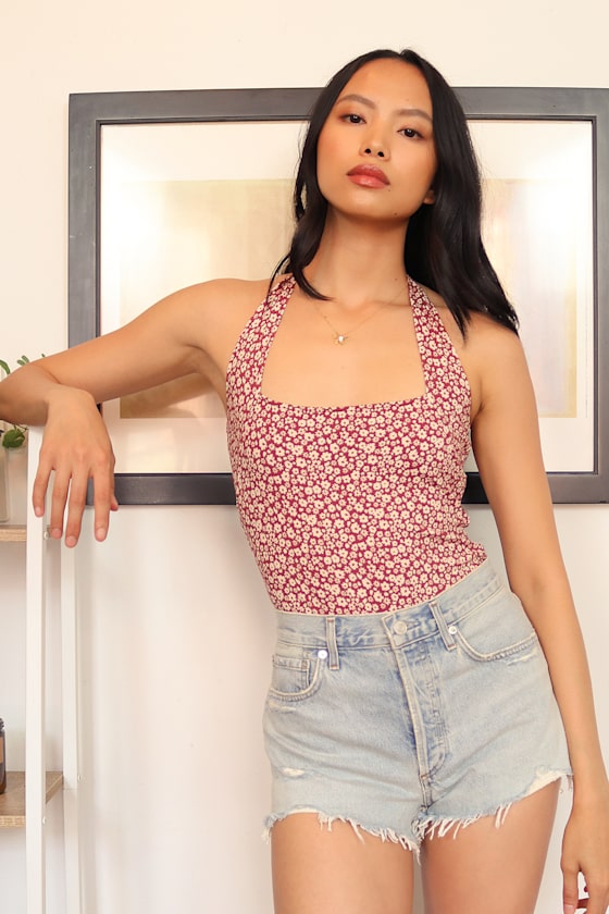 Talk Back Red Floral Print Halter Bodysuit 10