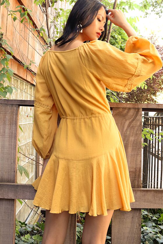 Boho Yellow Dress - Balloon Sleeve Dress - Long Sleeve Mini Dress