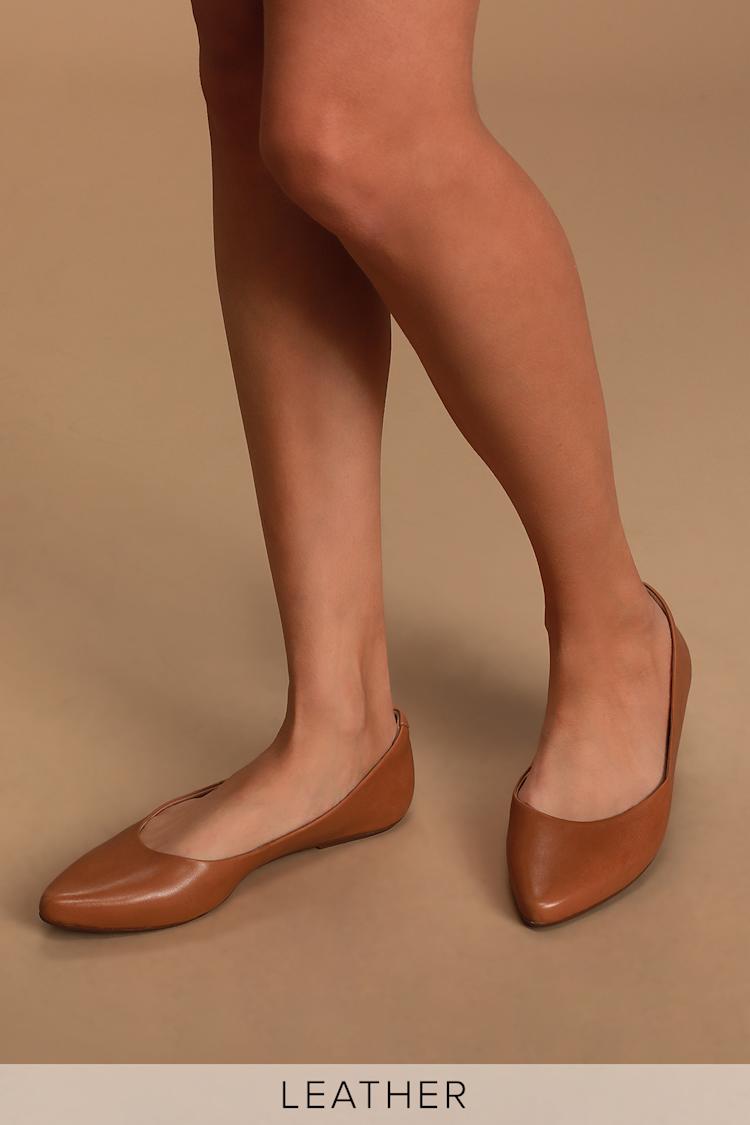 Lulus Cognac Flats - Genuine Leather Flats - Pointed Toe Flats